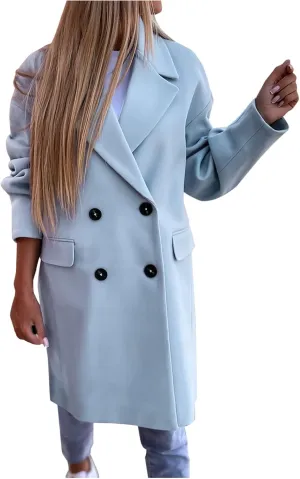 YRAETENM Trench Coat Women Winter Notched Lapel Double Breasted Jackets Casual Classic Long Pea Coat Wool Blend Overcoats