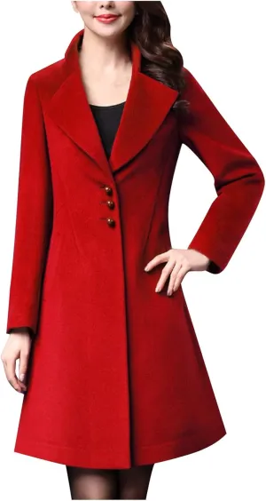 YRAETENM Winter Coats for Women Elegant Single Breasted Long Wool Coat Overcoat Casual Slim Fit Lapel Collar Trench Coats