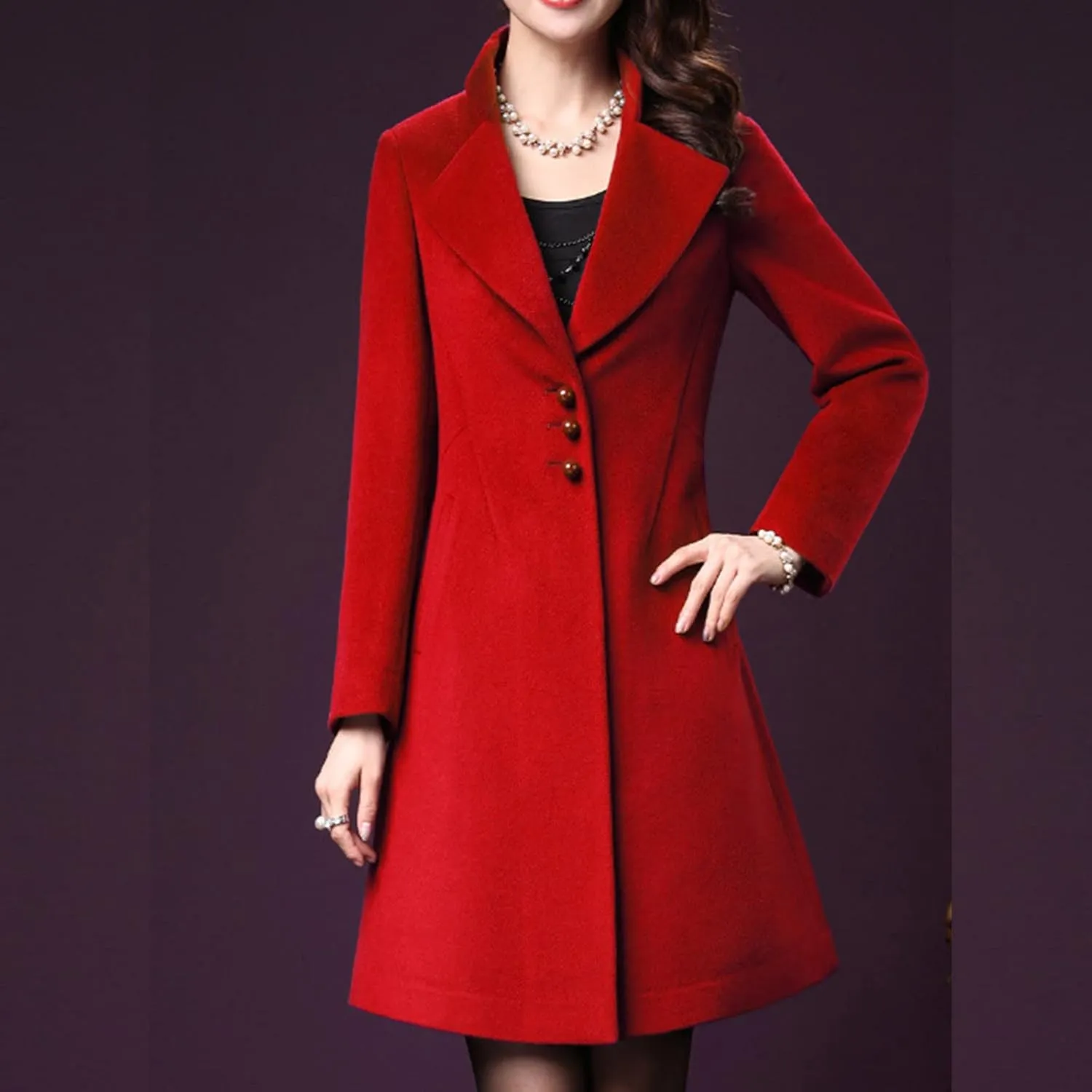 YRAETENM Winter Coats for Women Elegant Single Breasted Long Wool Coat Overcoat Casual Slim Fit Lapel Collar Trench Coats