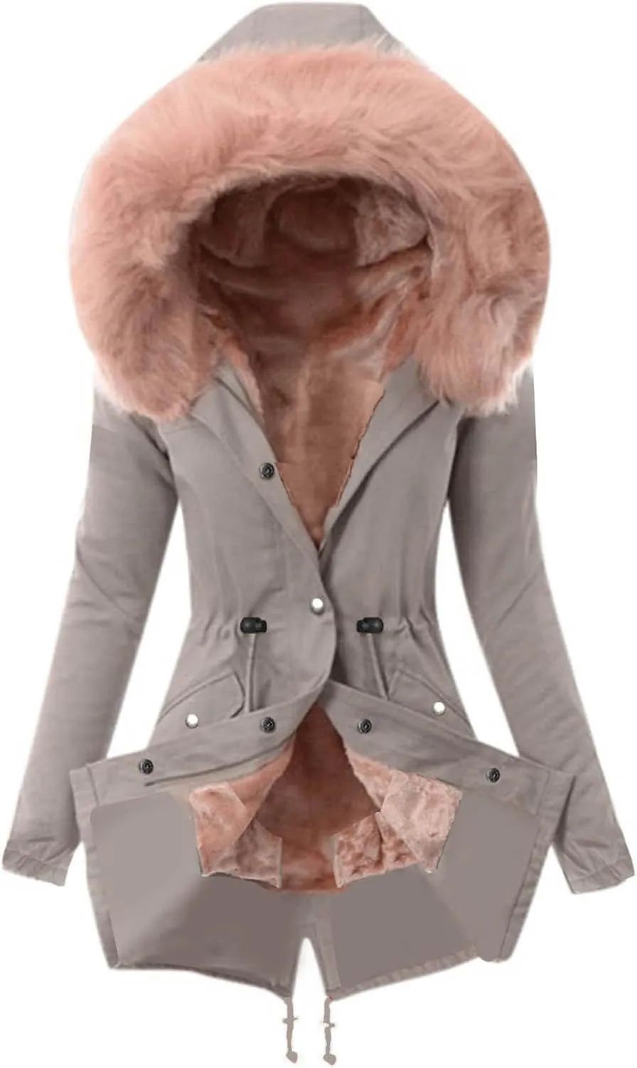 YRAETENM Winter Jackets for Women Sherpa Lined Faux Fur Hooded Mid Long Safari Parka Coat Warm Thicken Hooded Trench Coats