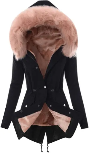 YRAETENM Winter Jackets for Women Sherpa Lined Faux Fur Hooded Mid Long Safari Parka Coat Warm Thicken Hooded Trench Coats