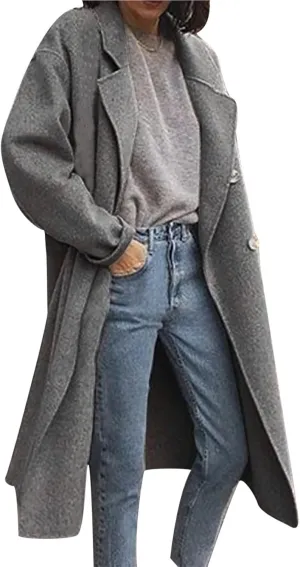 YRAETENM Winter Trench Coat Women Classic Double Breasted Wool Pea Coat Fashion Elegant Notched Lapel Warm Overcoat Jacket
