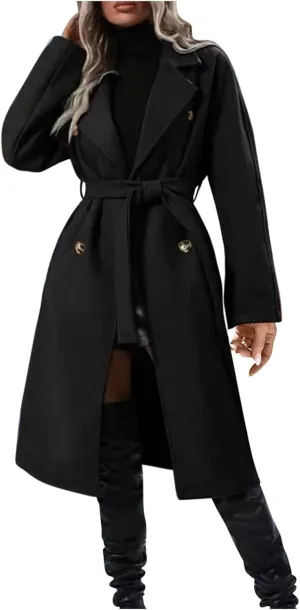 YRAETENM Women Double Breasted Coats Long Winter Work Office Trench Coats Mid Long Label Overcoat Pocketed Outwear with Belt