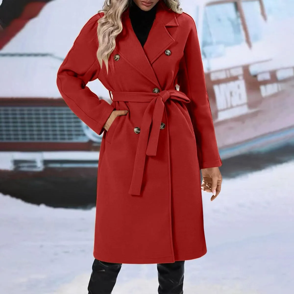 YRAETENM Women Double Breasted Coats Long Winter Work Office Trench Coats Mid Long Label Overcoat Pocketed Outwear with Belt