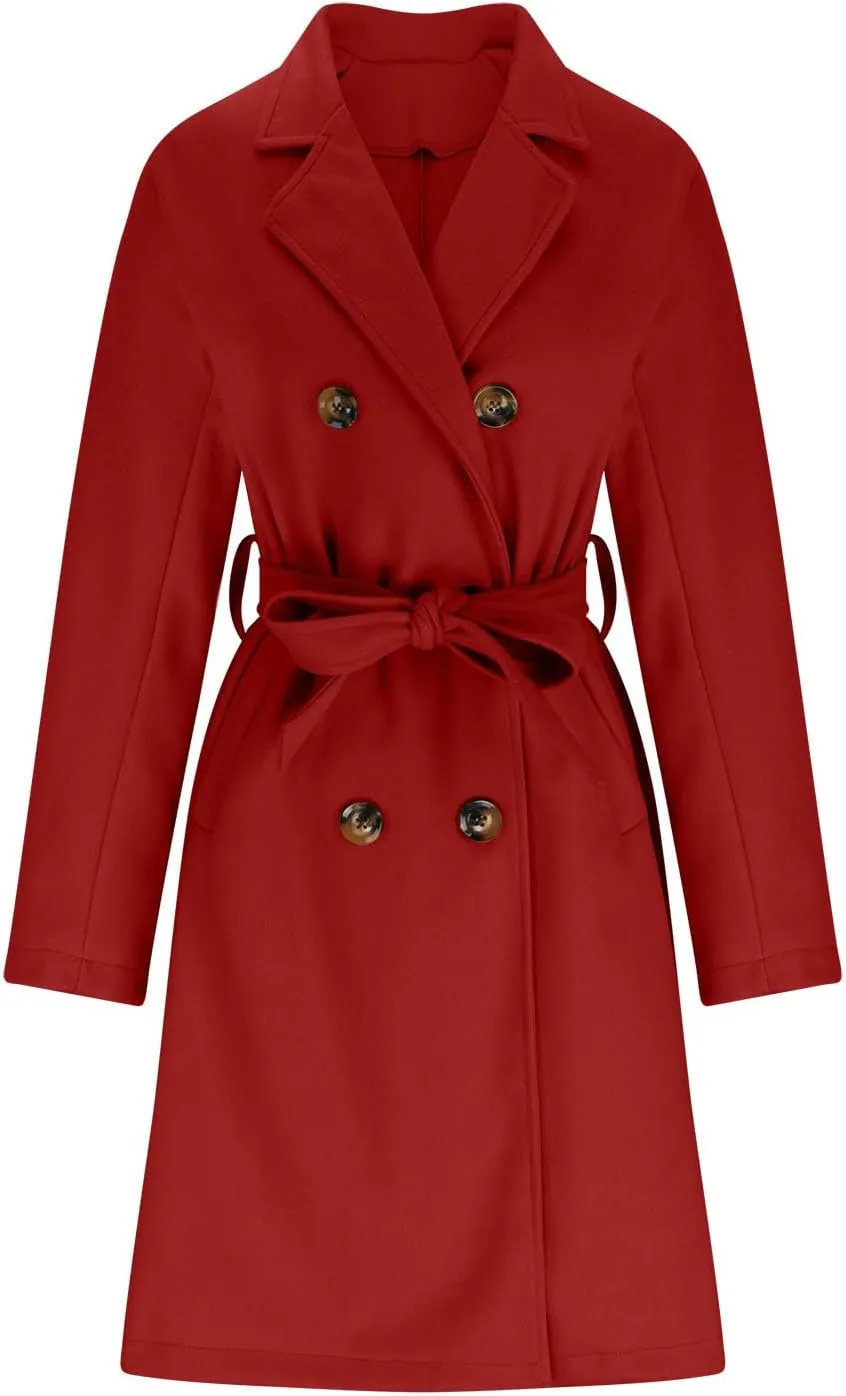 YRAETENM Women Double Breasted Coats Long Winter Work Office Trench Coats Mid Long Label Overcoat Pocketed Outwear with Belt