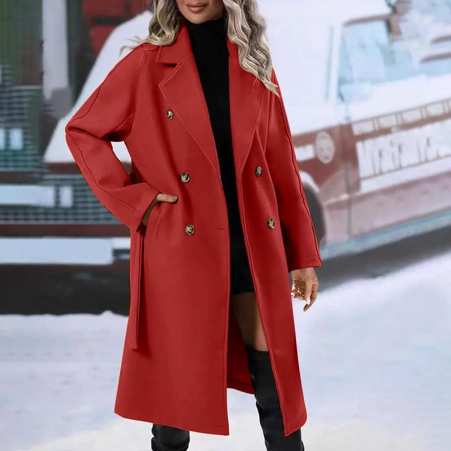 YRAETENM Women Double Breasted Coats Long Winter Work Office Trench Coats Mid Long Label Overcoat Pocketed Outwear with Belt