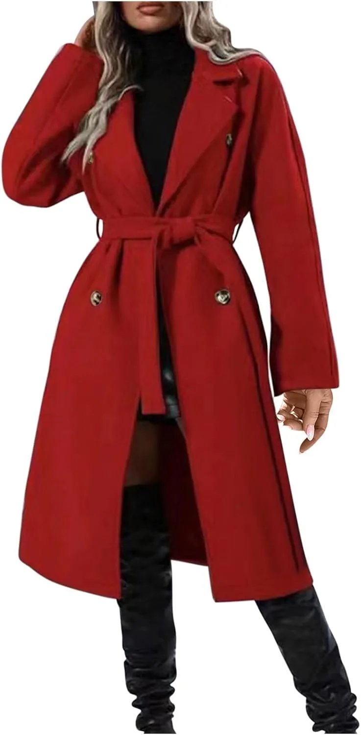 YRAETENM Women Double Breasted Coats Long Winter Work Office Trench Coats Mid Long Label Overcoat Pocketed Outwear with Belt