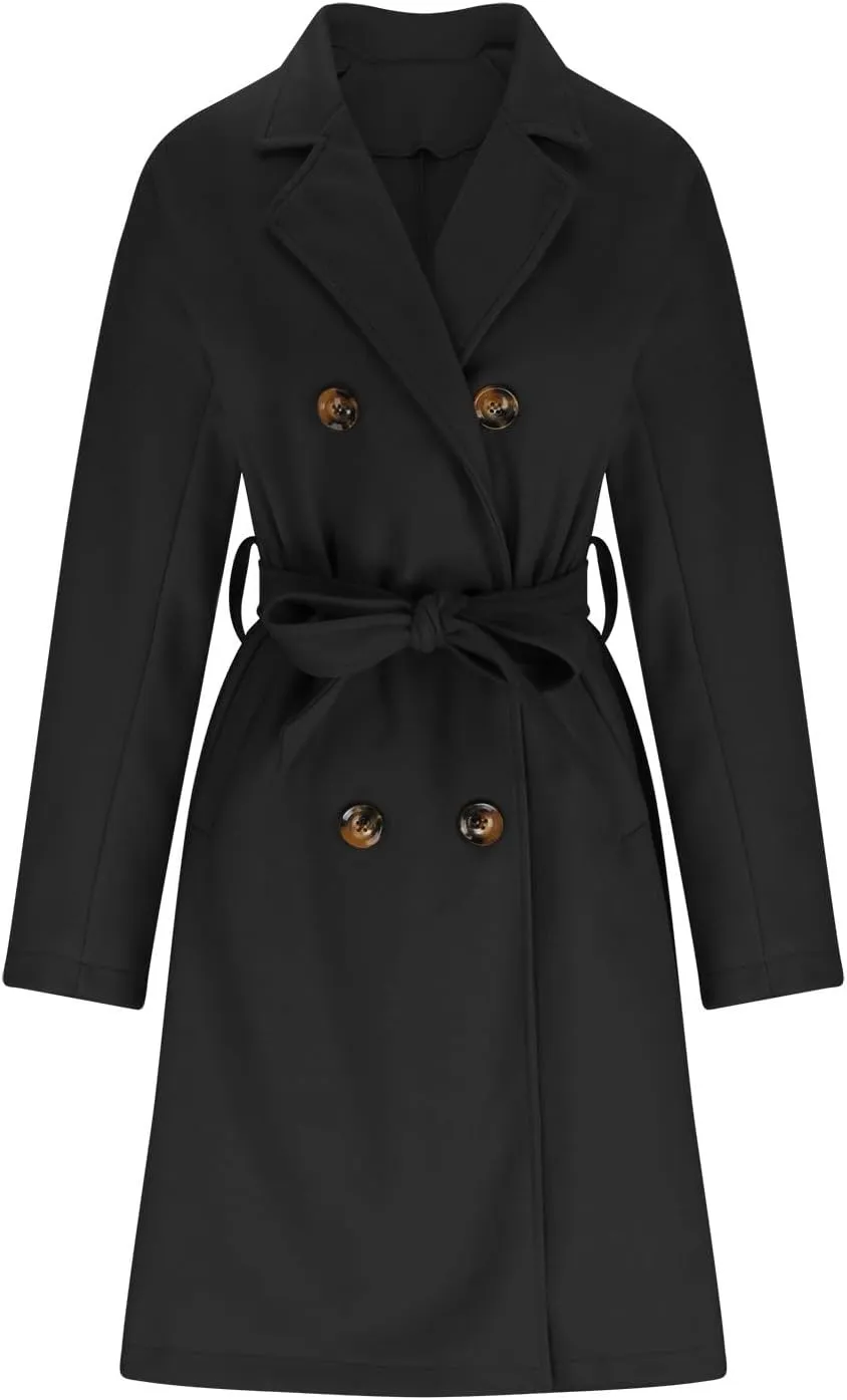 YRAETENM Women Double Breasted Coats Long Winter Work Office Trench Coats Mid Long Label Overcoat Pocketed Outwear with Belt