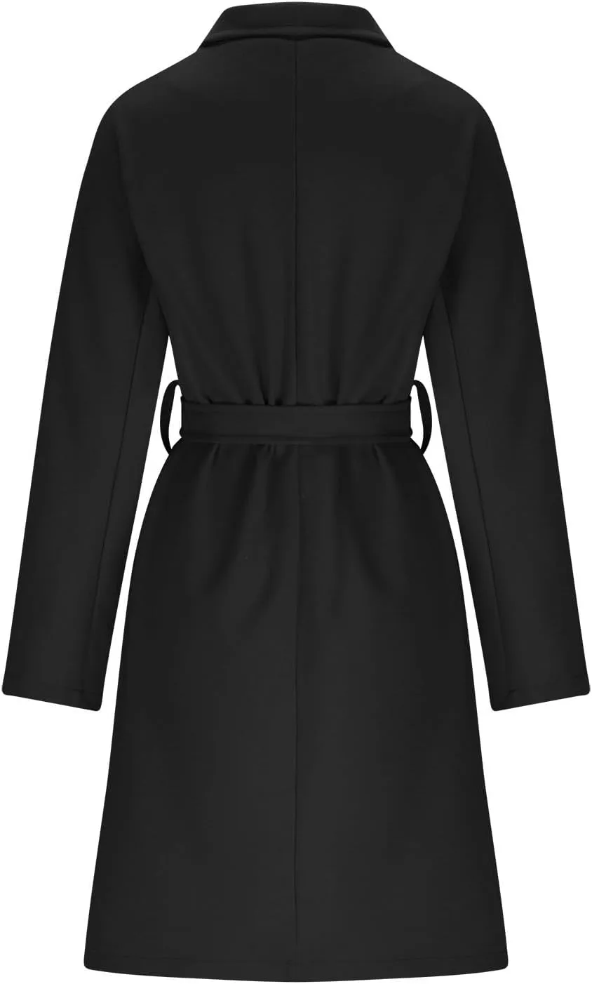 YRAETENM Women Double Breasted Coats Long Winter Work Office Trench Coats Mid Long Label Overcoat Pocketed Outwear with Belt