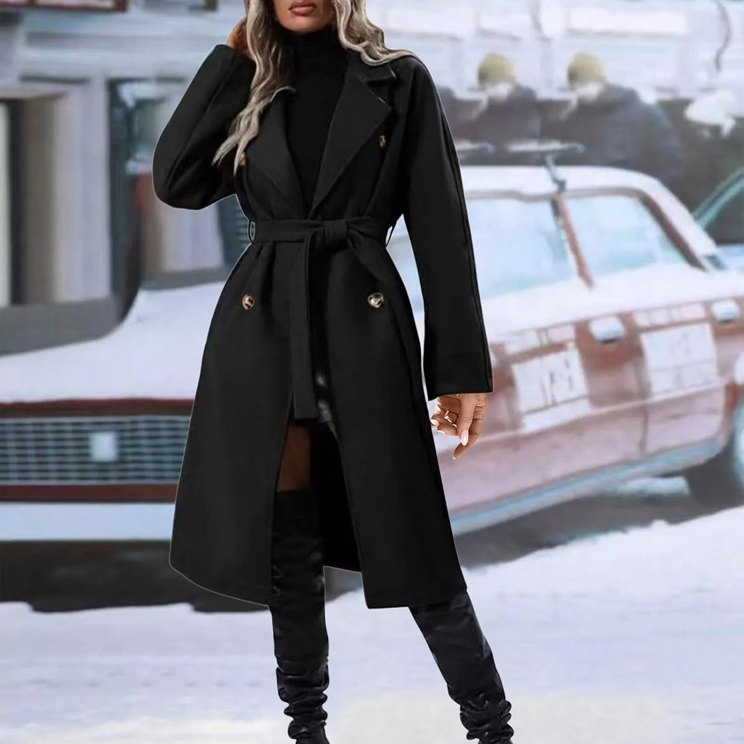 YRAETENM Women Double Breasted Coats Long Winter Work Office Trench Coats Mid Long Label Overcoat Pocketed Outwear with Belt