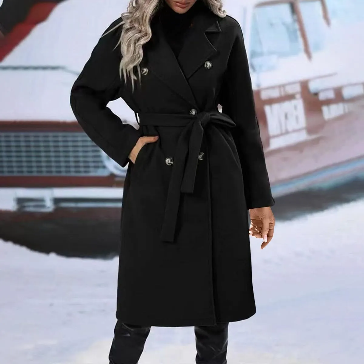 YRAETENM Women Double Breasted Coats Long Winter Work Office Trench Coats Mid Long Label Overcoat Pocketed Outwear with Belt