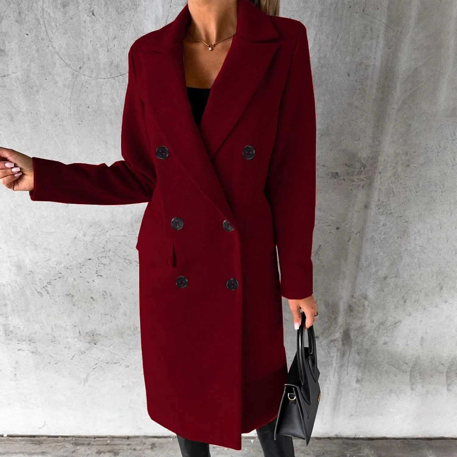 YRAETENM Women Wool Blend Pea Coat Casual Notched Collar Double Breasted Mid-Long Trench Coat Winter Thick Overcoat Outwear
