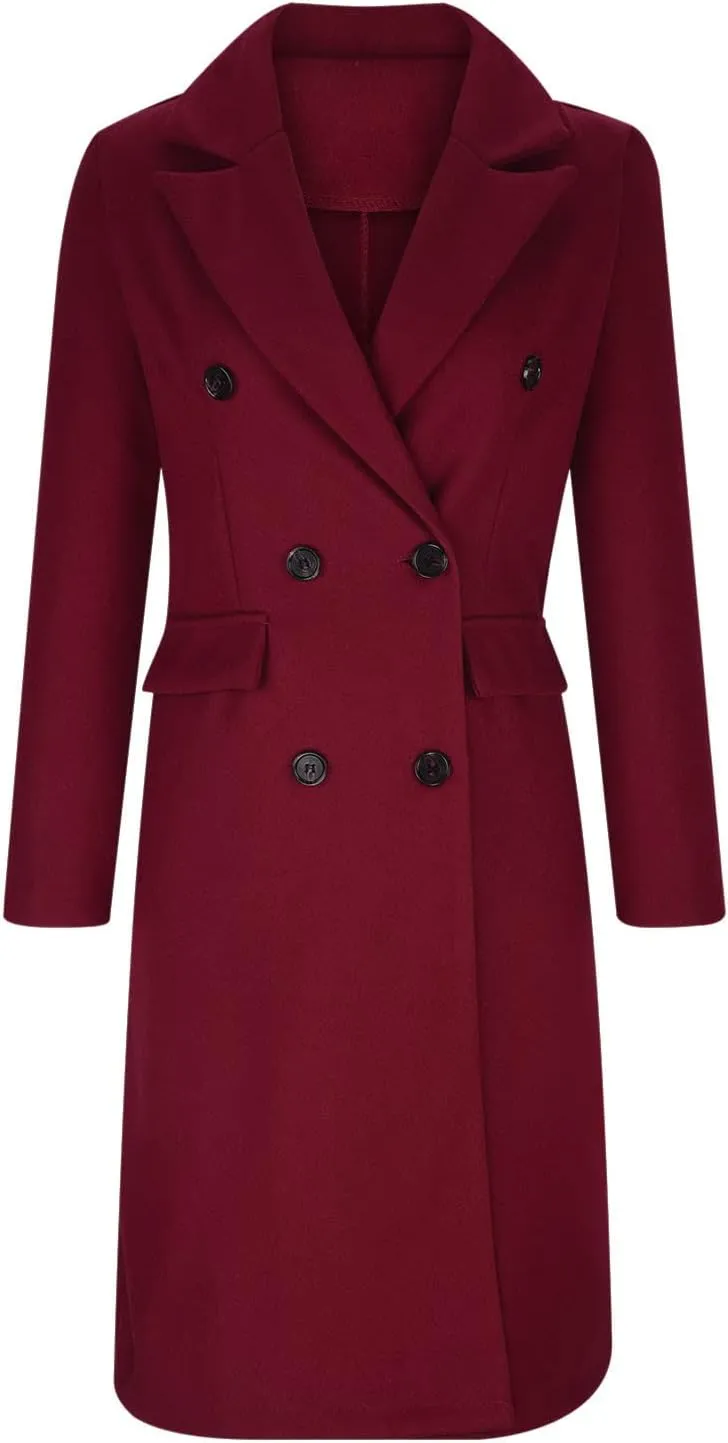 YRAETENM Women Wool Blend Pea Coat Casual Notched Collar Double Breasted Mid-Long Trench Coat Winter Thick Overcoat Outwear