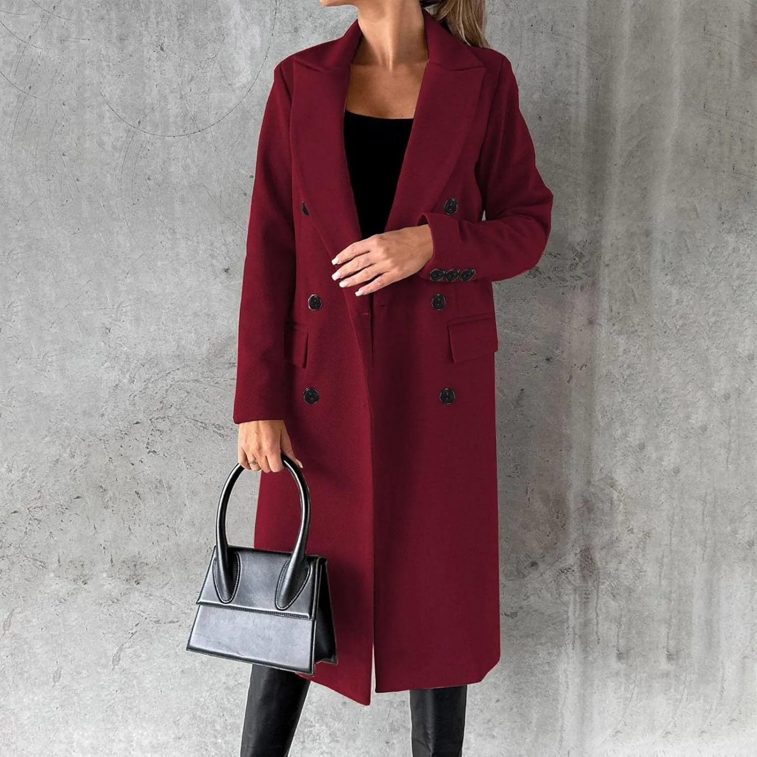 YRAETENM Women Wool Blend Pea Coat Casual Notched Collar Double Breasted Mid-Long Trench Coat Winter Thick Overcoat Outwear