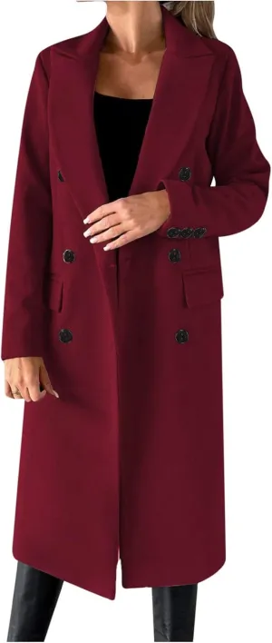 YRAETENM Women Wool Blend Pea Coat Casual Notched Collar Double Breasted Mid-Long Trench Coat Winter Thick Overcoat Outwear