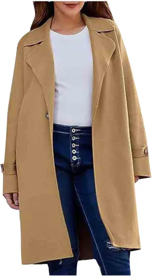 YRAETENM Women's Casual Notch Lapel Wool Coat Single Breasted Raglan Winter Jackets Plus Size Casual Long Trench Coat Peacoat
