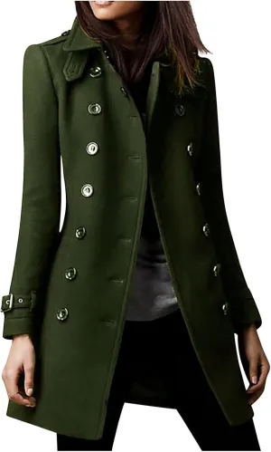YRAETENM Womens Fall Winter Wool Coats Elegant Double Breasted Pea Coat Classic Slim Fit Collared Trench Coat Warm Overcoat