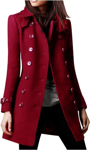 YRAETENM Womens Fall Winter Wool Coats Elegant Double Breasted Pea Coat Classic Slim Fit Collared Trench Coat Warm Overcoat