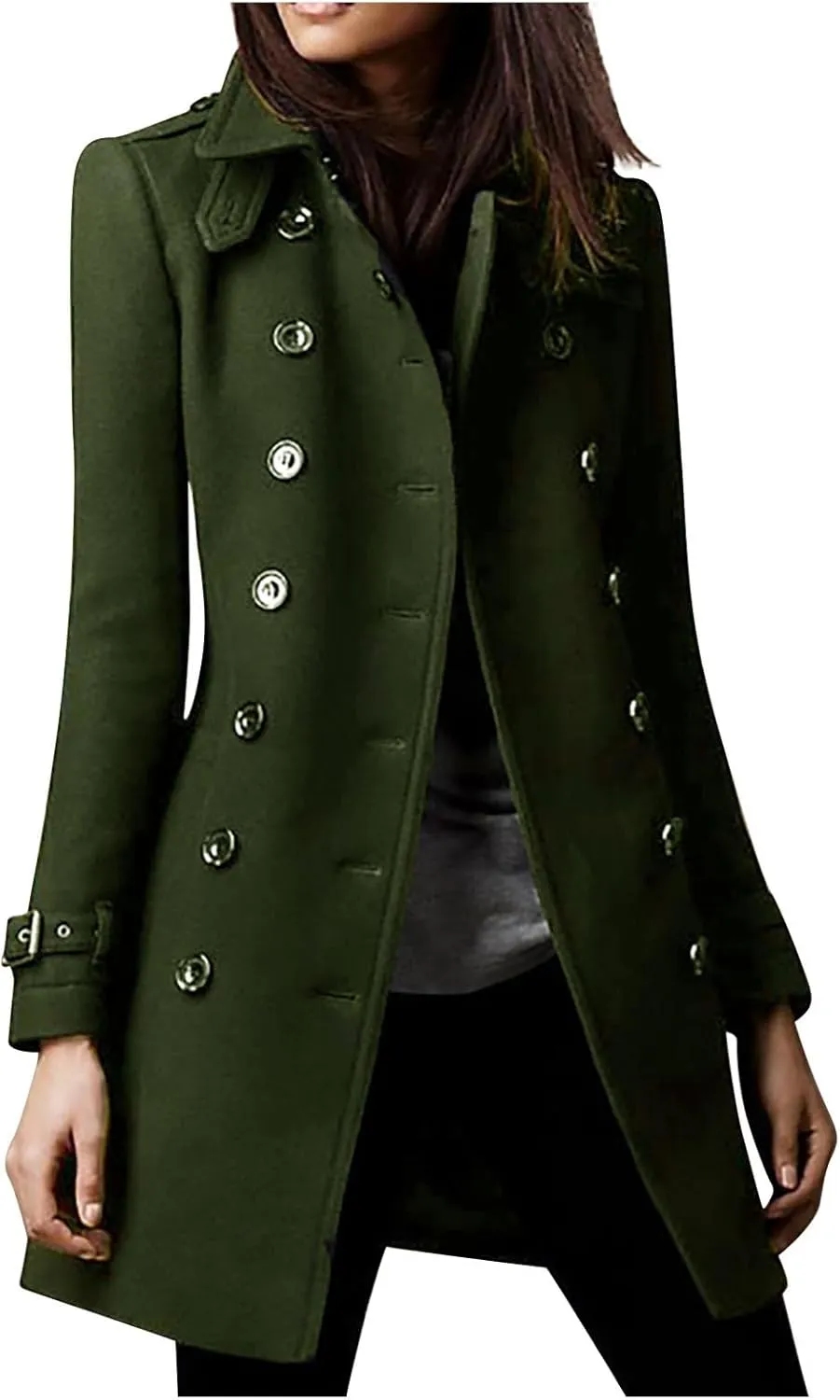 YRAETENM Womens Fall Winter Wool Coats Elegant Double Breasted Pea Coat Classic Slim Fit Collared Trench Coat Warm Overcoat