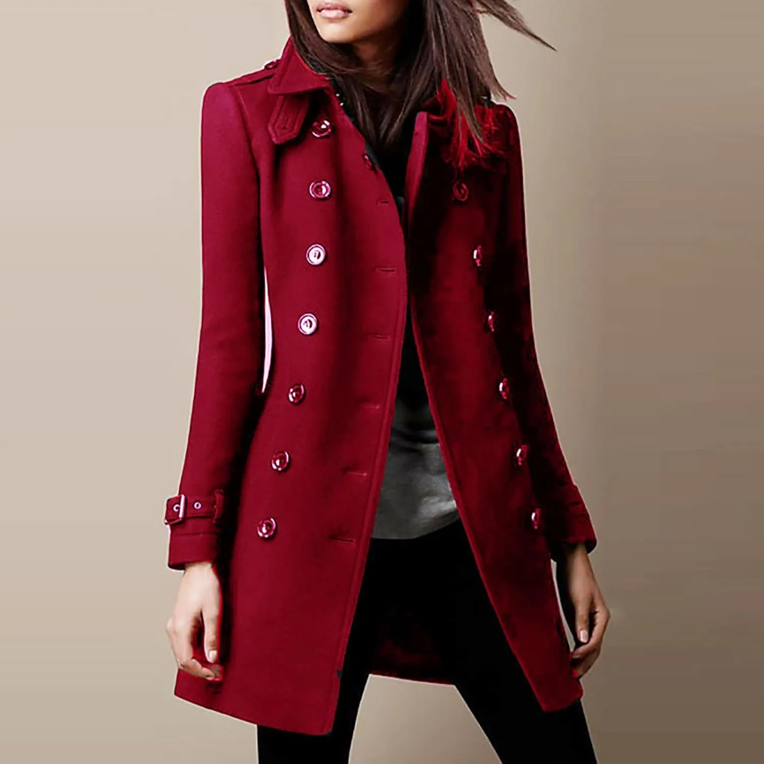 YRAETENM Womens Fall Winter Wool Coats Elegant Double Breasted Pea Coat Classic Slim Fit Collared Trench Coat Warm Overcoat