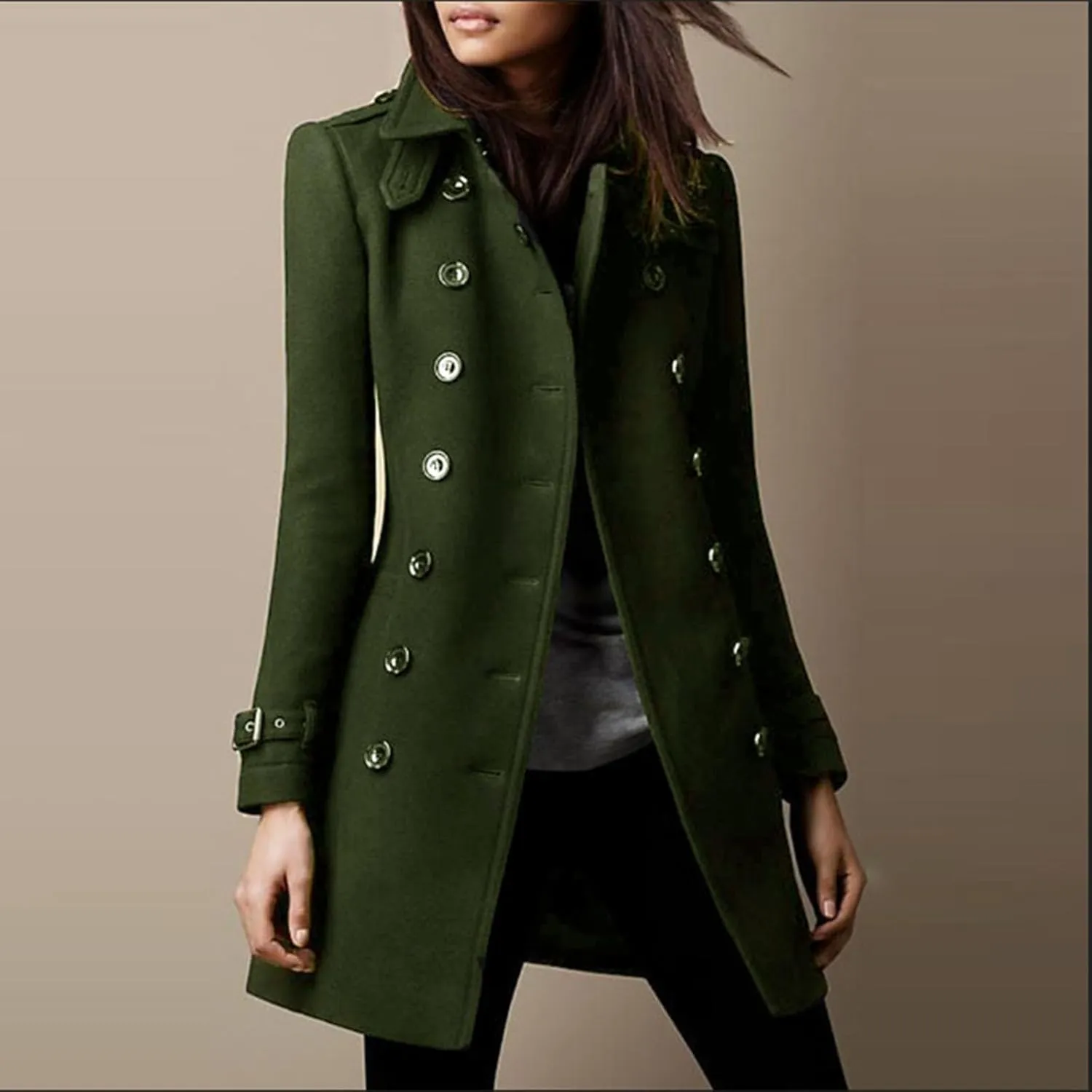 YRAETENM Womens Fall Winter Wool Coats Elegant Double Breasted Pea Coat Classic Slim Fit Collared Trench Coat Warm Overcoat
