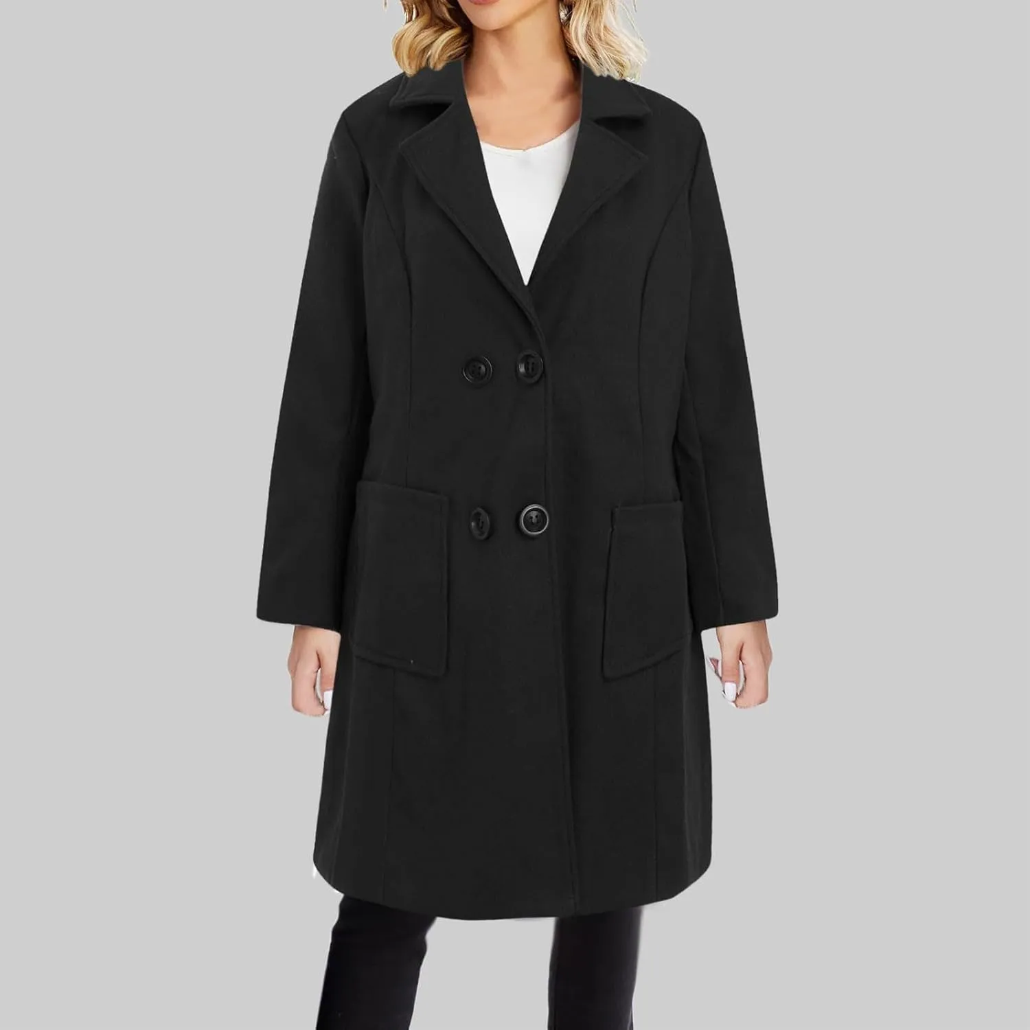 YRAETENM Women's Plus Size Long Winter Coats Notch Lapel Double Breasted Trench Coats Casual Mid Long Pea Coat with Pockets