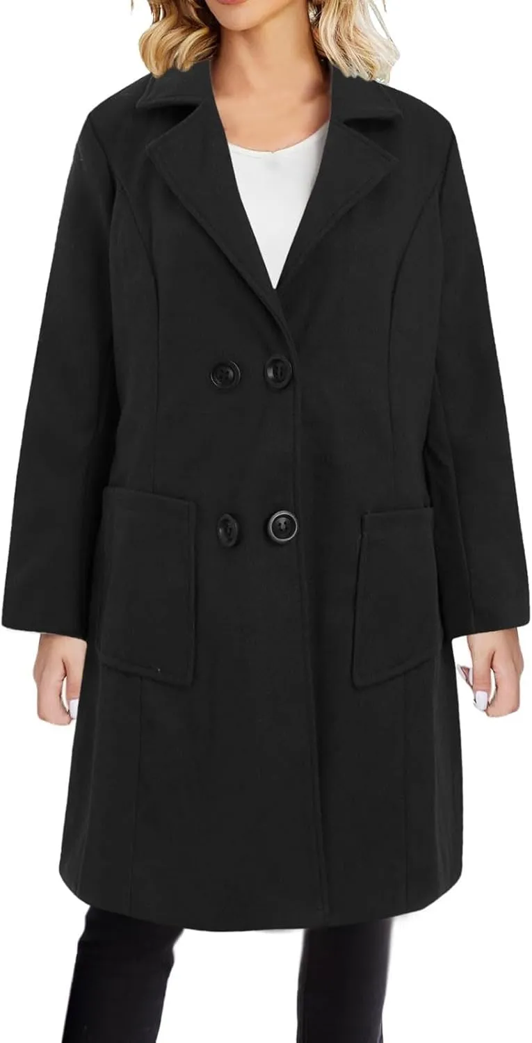 YRAETENM Women's Plus Size Long Winter Coats Notch Lapel Double Breasted Trench Coats Casual Mid Long Pea Coat with Pockets
