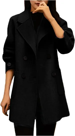YRAETENM Women's Trench Coats Elegant Notched Lapel Double Breasted Wool Blend Coats Casual Winter Long Jackets with Pockets