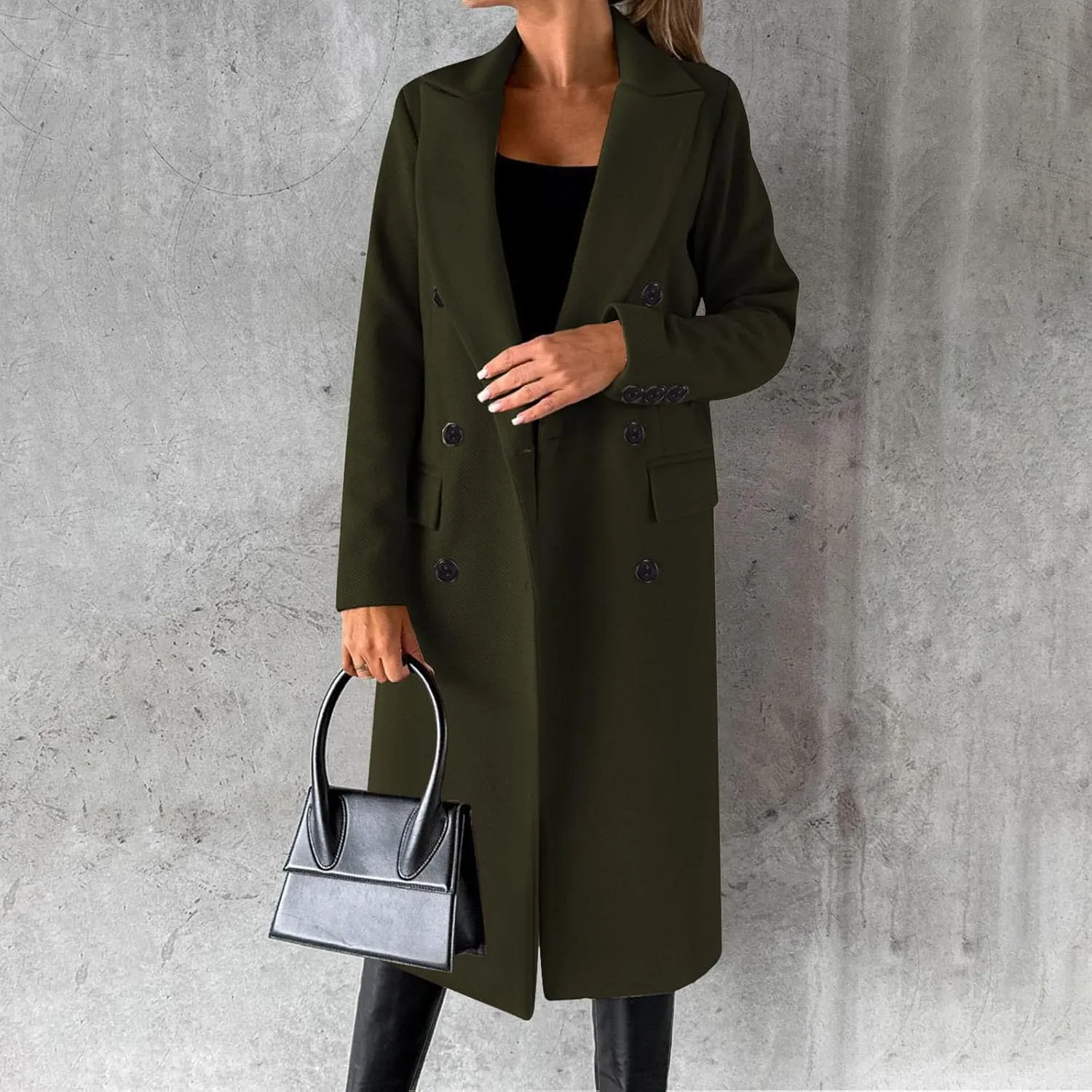 YRAETENM Women's Winter Coat Elegant Double Breasted Mid Long Wool Pea Coat Notched Lapel Trench Coat Overcoat Winter Outwear