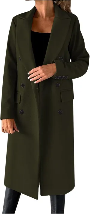 YRAETENM Women's Winter Coat Elegant Double Breasted Mid Long Wool Pea Coat Notched Lapel Trench Coat Overcoat Winter Outwear