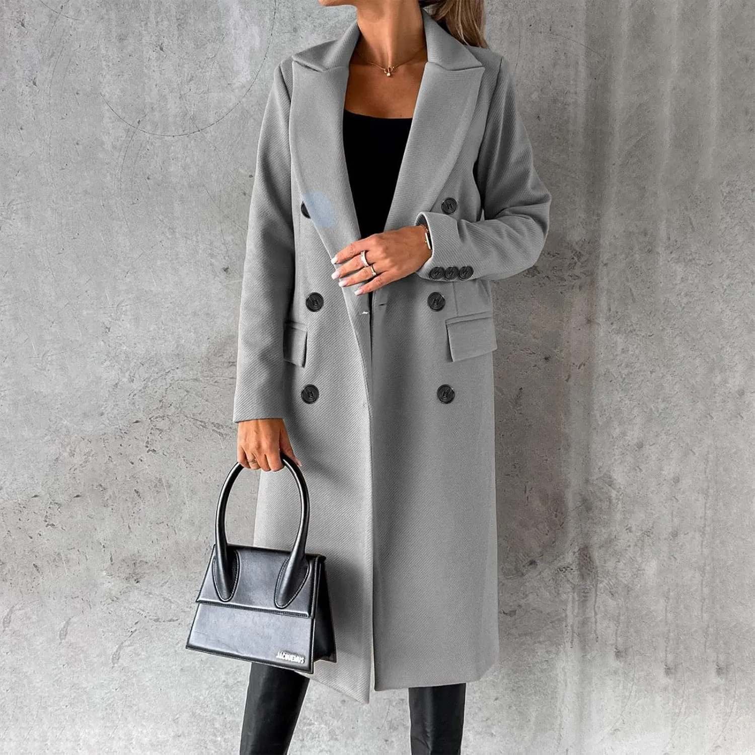YRAETENM Women's Winter Coat Elegant Double Breasted Mid Long Wool Pea Coat Notched Lapel Trench Coat Overcoat Winter Outwear