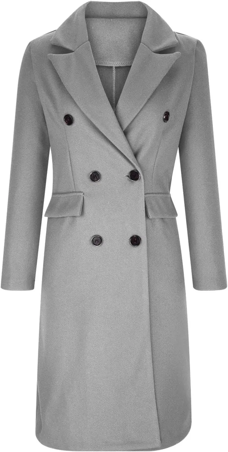 YRAETENM Women's Winter Coat Elegant Double Breasted Mid Long Wool Pea Coat Notched Lapel Trench Coat Overcoat Winter Outwear