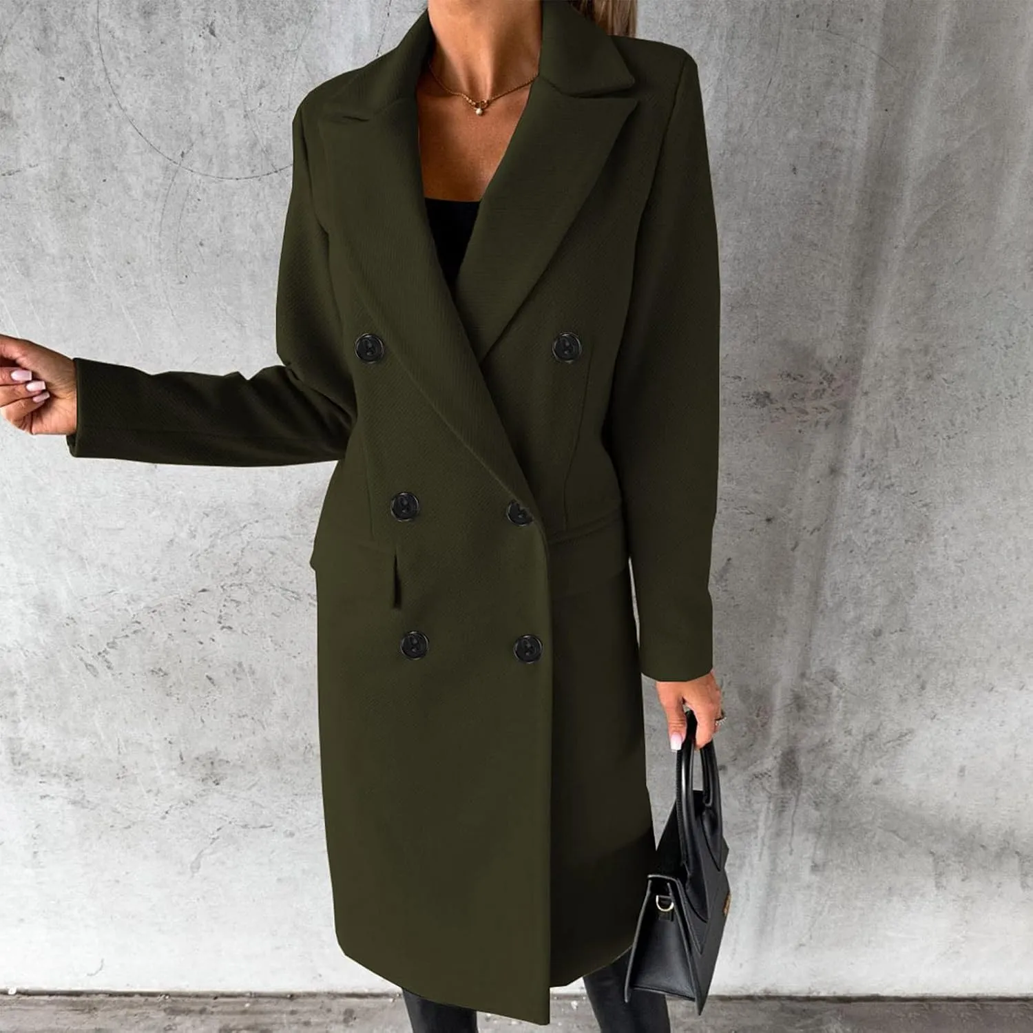 YRAETENM Women's Winter Coat Elegant Double Breasted Mid Long Wool Pea Coat Notched Lapel Trench Coat Overcoat Winter Outwear
