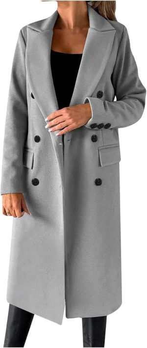 YRAETENM Women's Winter Coat Elegant Double Breasted Mid Long Wool Pea Coat Notched Lapel Trench Coat Overcoat Winter Outwear