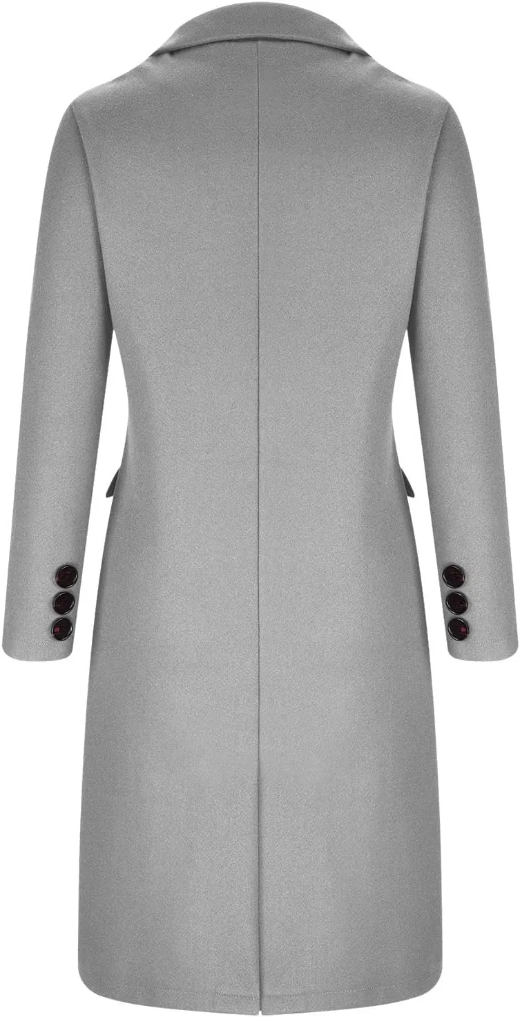 YRAETENM Women's Winter Coat Elegant Double Breasted Mid Long Wool Pea Coat Notched Lapel Trench Coat Overcoat Winter Outwear