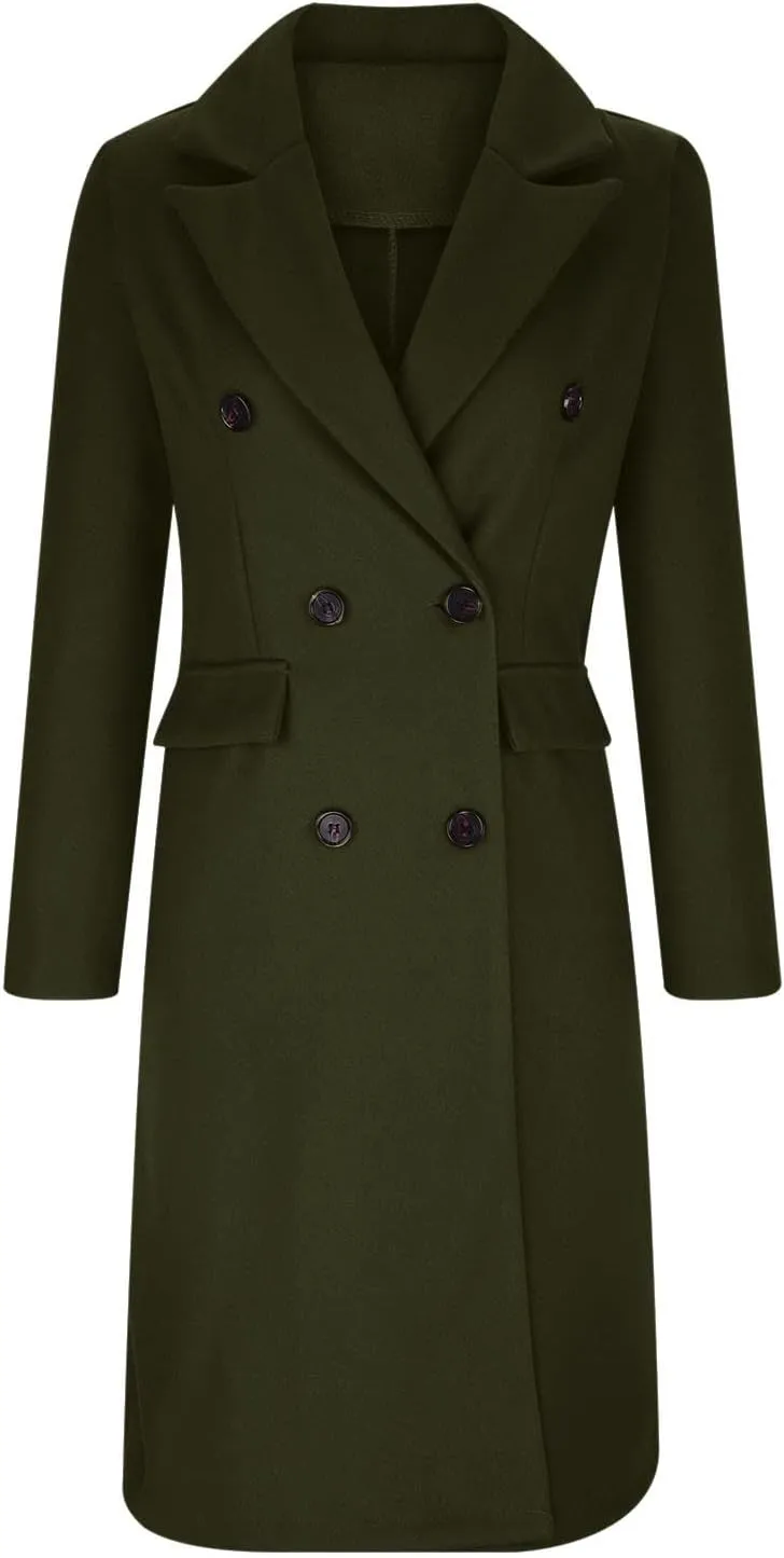 YRAETENM Women's Winter Coat Elegant Double Breasted Mid Long Wool Pea Coat Notched Lapel Trench Coat Overcoat Winter Outwear