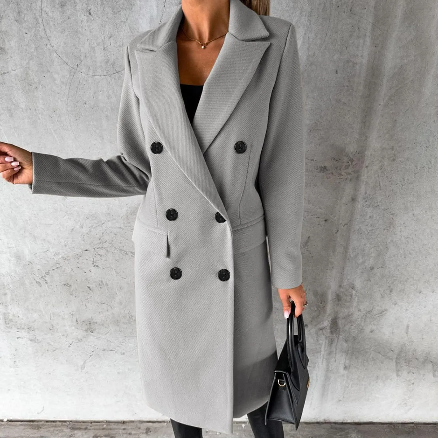YRAETENM Women's Winter Coat Elegant Double Breasted Mid Long Wool Pea Coat Notched Lapel Trench Coat Overcoat Winter Outwear
