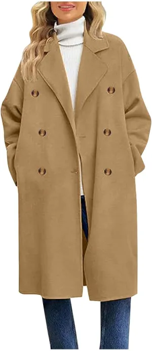 YRAETENM Women's Winter Double Breasted Wool Coat Casual Notch Lapel Midi Long Trench Coat Soft Warm Overcoat with Pockets