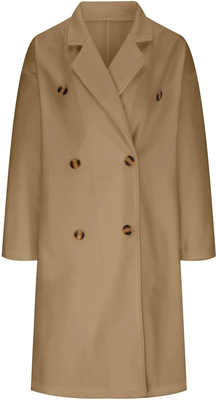 YRAETENM Women's Winter Double Breasted Wool Coat Casual Notch Lapel Midi Long Trench Coat Soft Warm Overcoat with Pockets