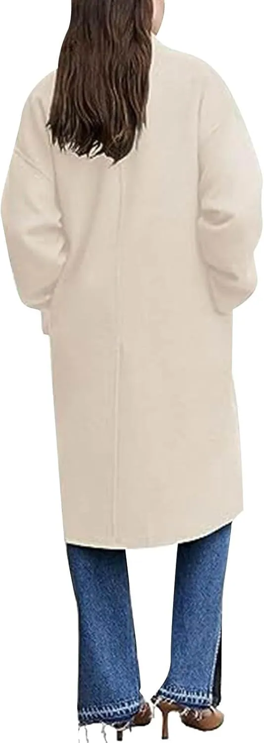 YRAETENM Women's Winter Double Breasted Wool Coat Casual Notch Lapel Midi Long Trench Coat Soft Warm Overcoat with Pockets