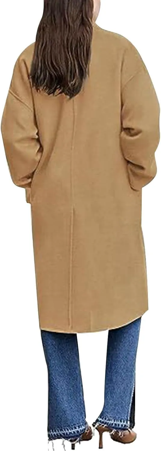 YRAETENM Women's Winter Double Breasted Wool Coat Casual Notch Lapel Midi Long Trench Coat Soft Warm Overcoat with Pockets