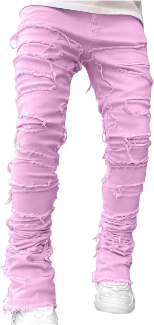YUHGODO Men's Slim Fit Stretch Jeans Retro Distressed Patchwork Stacked Frayed Straight Leg Skinny Denim Pants Fall Outfits