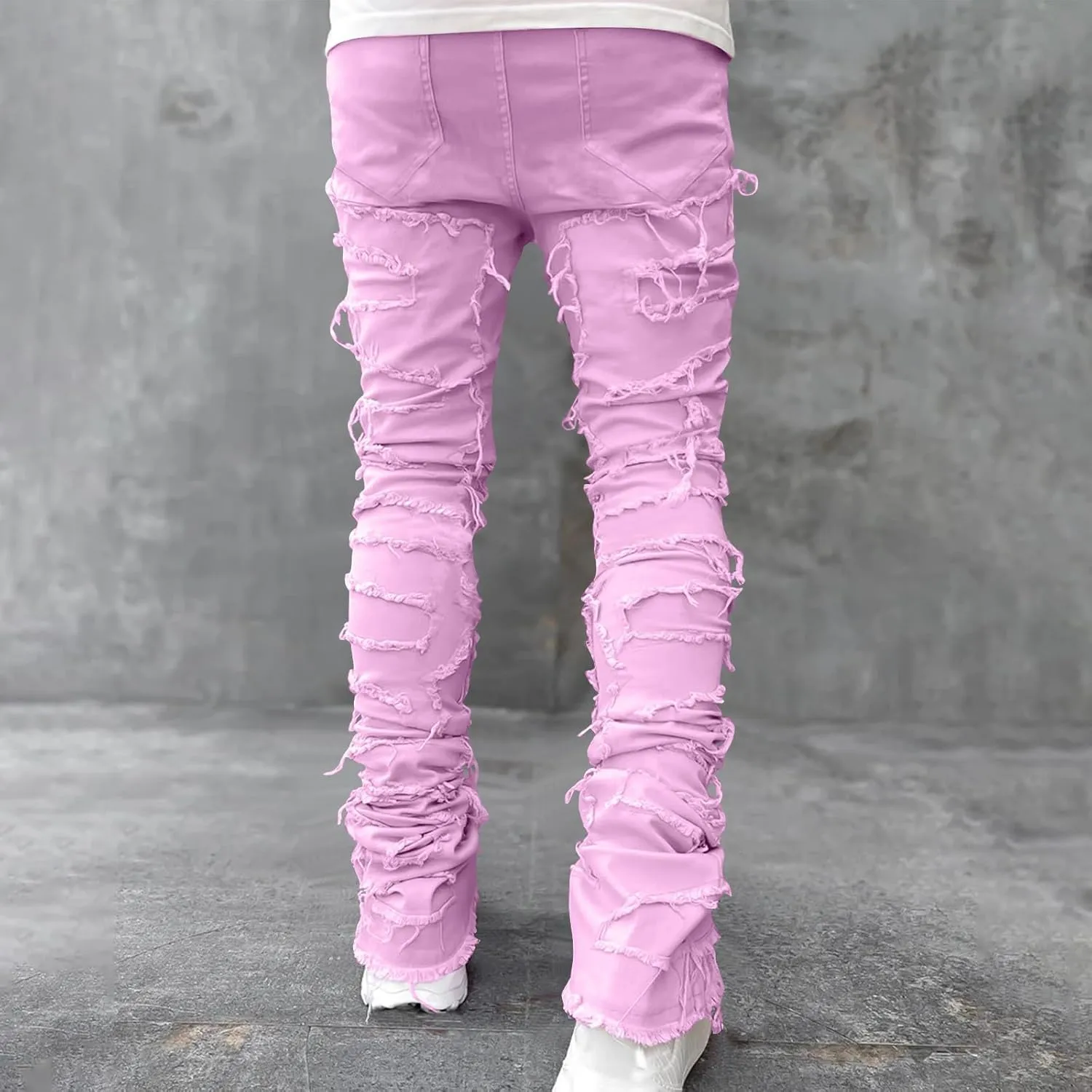 YUHGODO Men's Slim Fit Stretch Jeans Retro Distressed Patchwork Stacked Frayed Straight Leg Skinny Denim Pants Fall Outfits