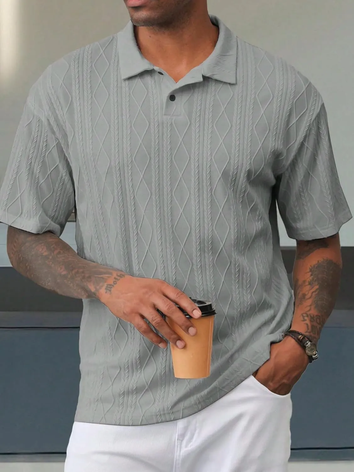 ZAFUL Men's Polo Shirts Textured Short Sleeve Golf Shirt Openwork Casual Cuban Geometric Jacquard T-Shirt