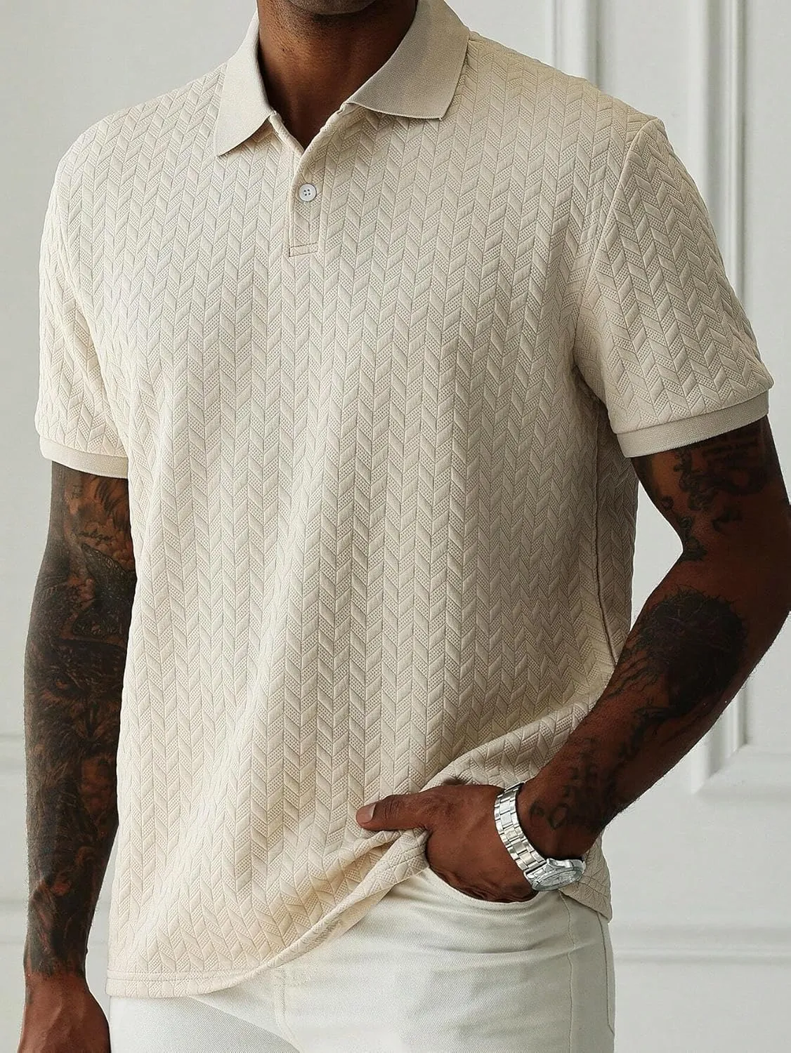 ZAFUL Men's Polo Shirts Textured Short Sleeve Golf Shirt Openwork Casual Cuban Geometric Jacquard T-Shirt