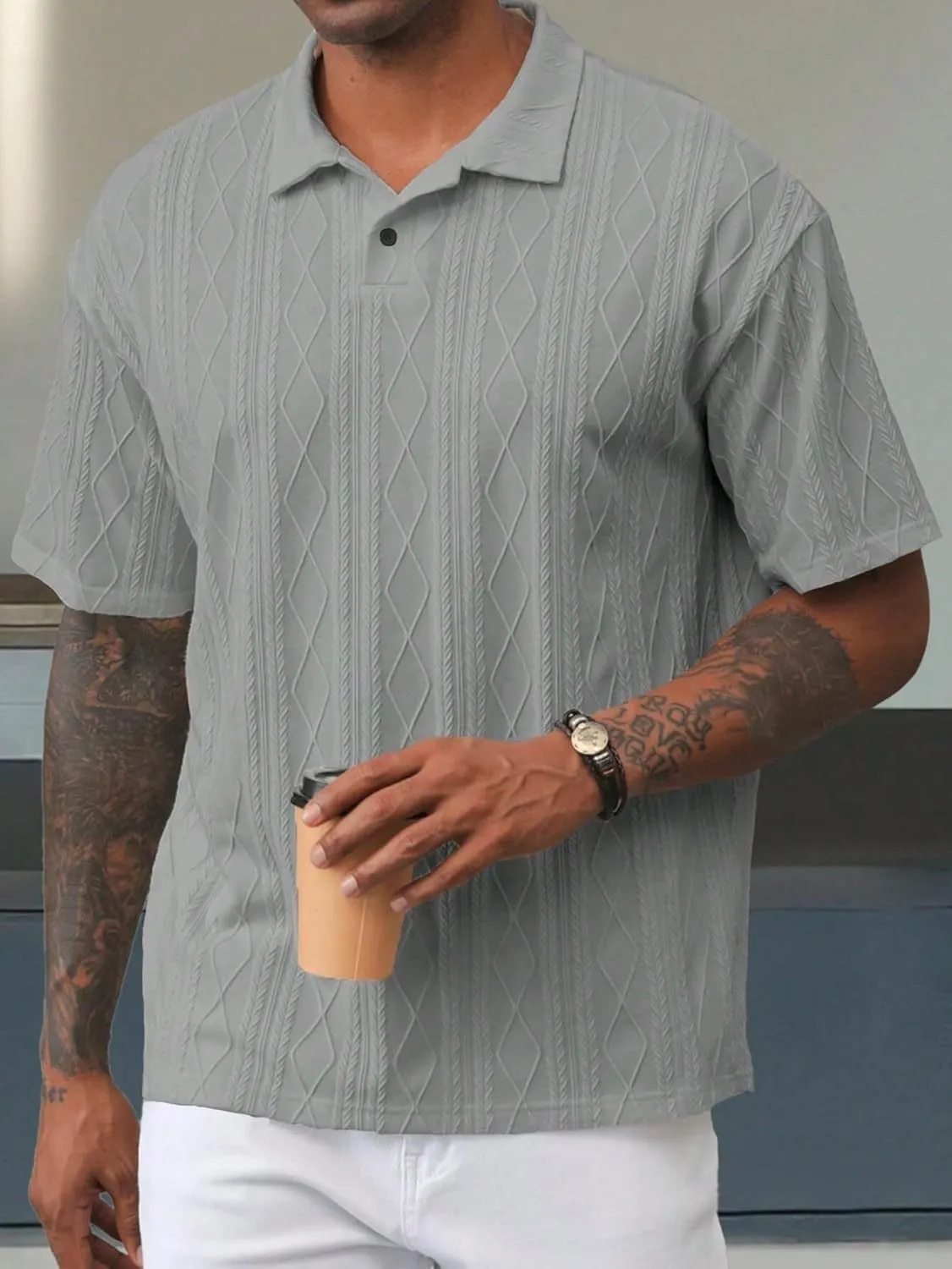 ZAFUL Men's Polo Shirts Textured Short Sleeve Golf Shirt Openwork Casual Cuban Geometric Jacquard T-Shirt