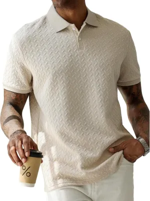 ZAFUL Men's Polo Shirts Textured Short Sleeve Golf Shirt Openwork Casual Cuban Geometric Jacquard T-Shirt