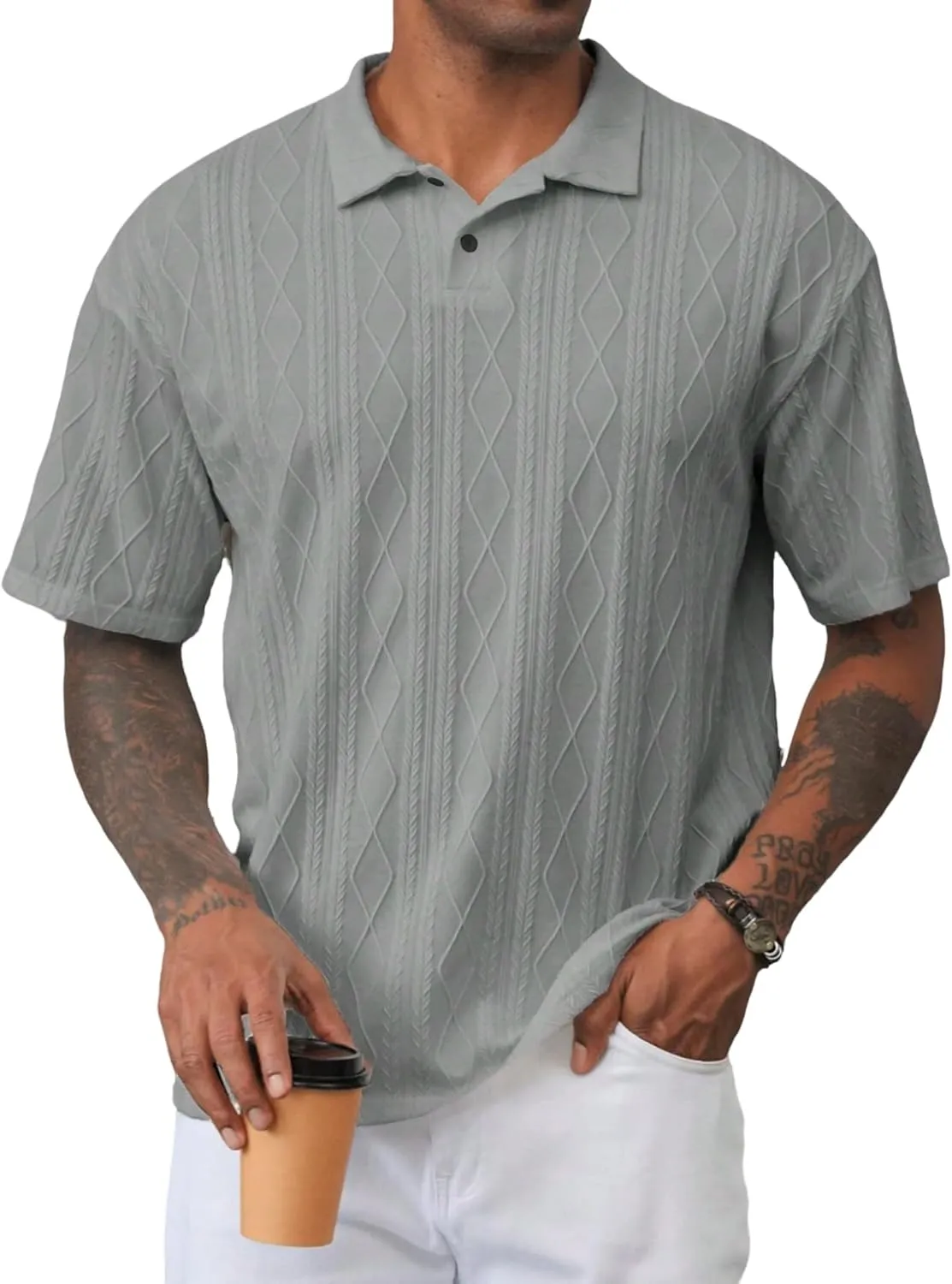 ZAFUL Men's Polo Shirts Textured Short Sleeve Golf Shirt Openwork Casual Cuban Geometric Jacquard T-Shirt