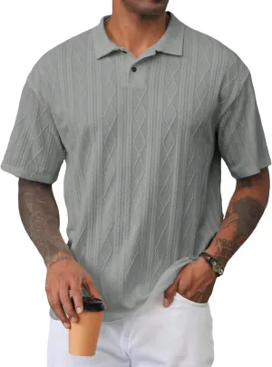 ZAFUL Men's Polo Shirts Textured Short Sleeve Golf Shirt Openwork Casual Cuban Geometric Jacquard T-Shirt
