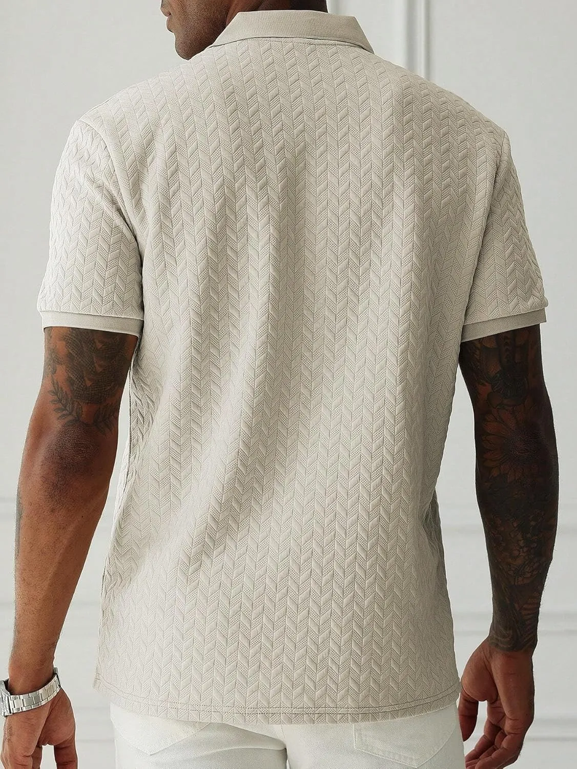 ZAFUL Men's Polo Shirts Textured Short Sleeve Golf Shirt Openwork Casual Cuban Geometric Jacquard T-Shirt